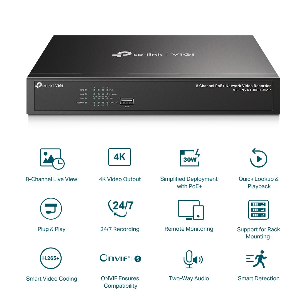 TP-Link VIGI NVR1008H-8MP – Enregistreur vidéo réseau 8 voies PoE+ (budget 113 W)